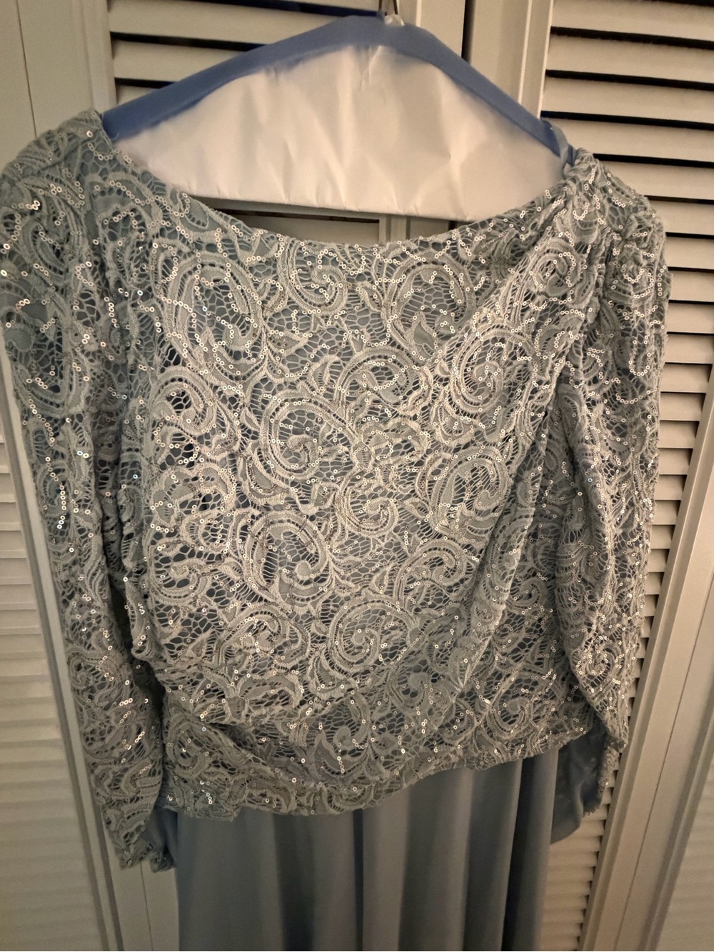 MARINA Light Blue Sequined Lace Evening Blouse